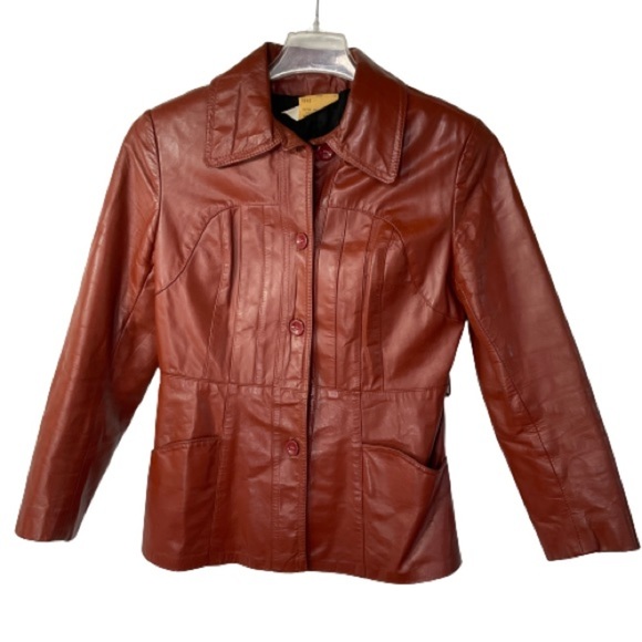 70’s Leather Car Coat, Brown Vintage Jacket Size L - Picture 1 of 8